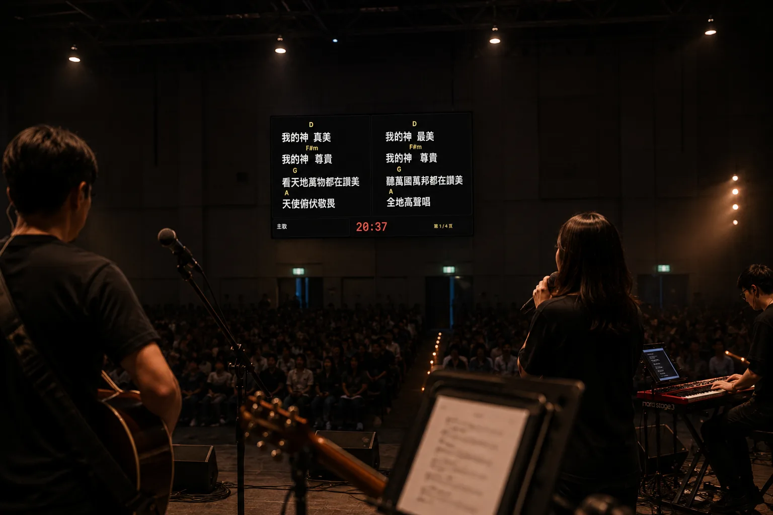 诗歌本投影舞台投影和返看屏界面，显示和弦、下一页歌词、段落和时间